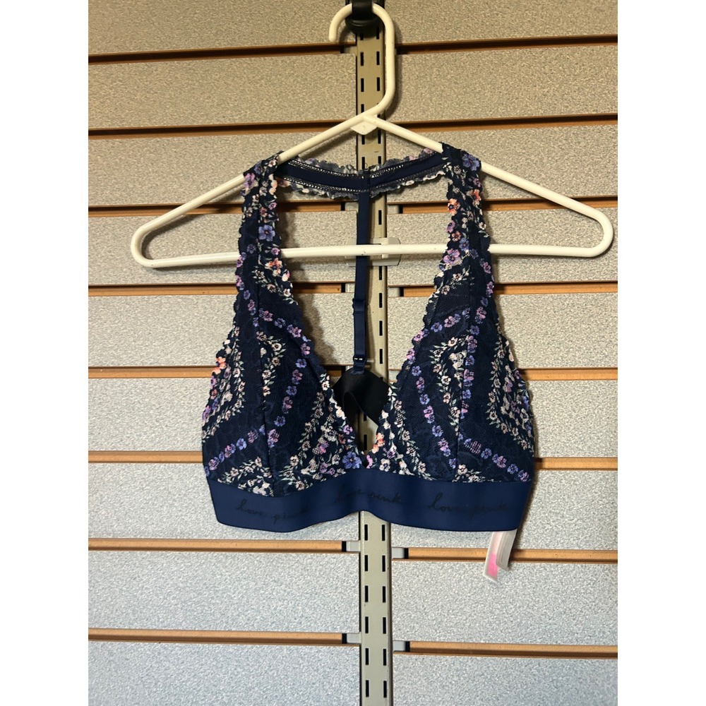 Victoria's Secret PINK Navy Floral Lace Racerback Bralette Size Medium